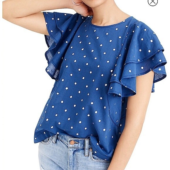 J Crew Ruffle Flutter Sleeve Metallic Polka Dot Top in Indigo Size XXS - Picture 1 of 11
